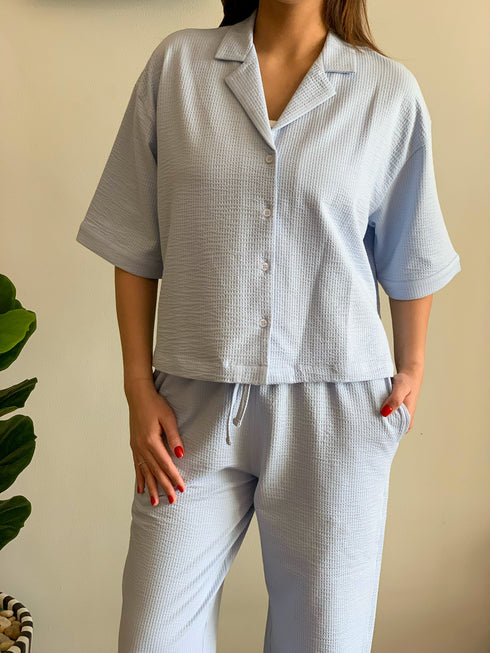 Women summer pajama set Light Blue buttoned Shirt+ Pants